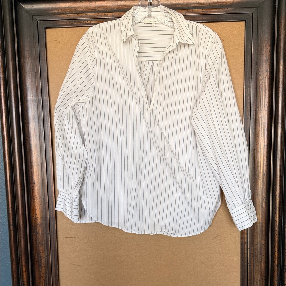 Vince White Cotton Shirt with Blue and Brown Stripes